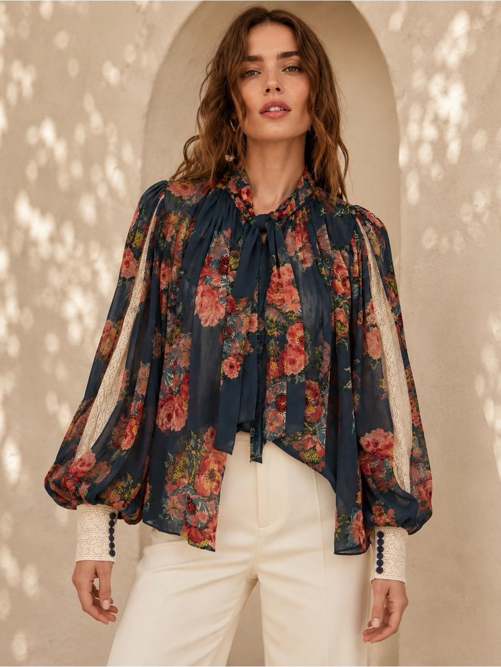 ByTiMo Vintage-Inspired Floral Chiffon Boho Poet Sleeve Tie Neck Blouse L NWT